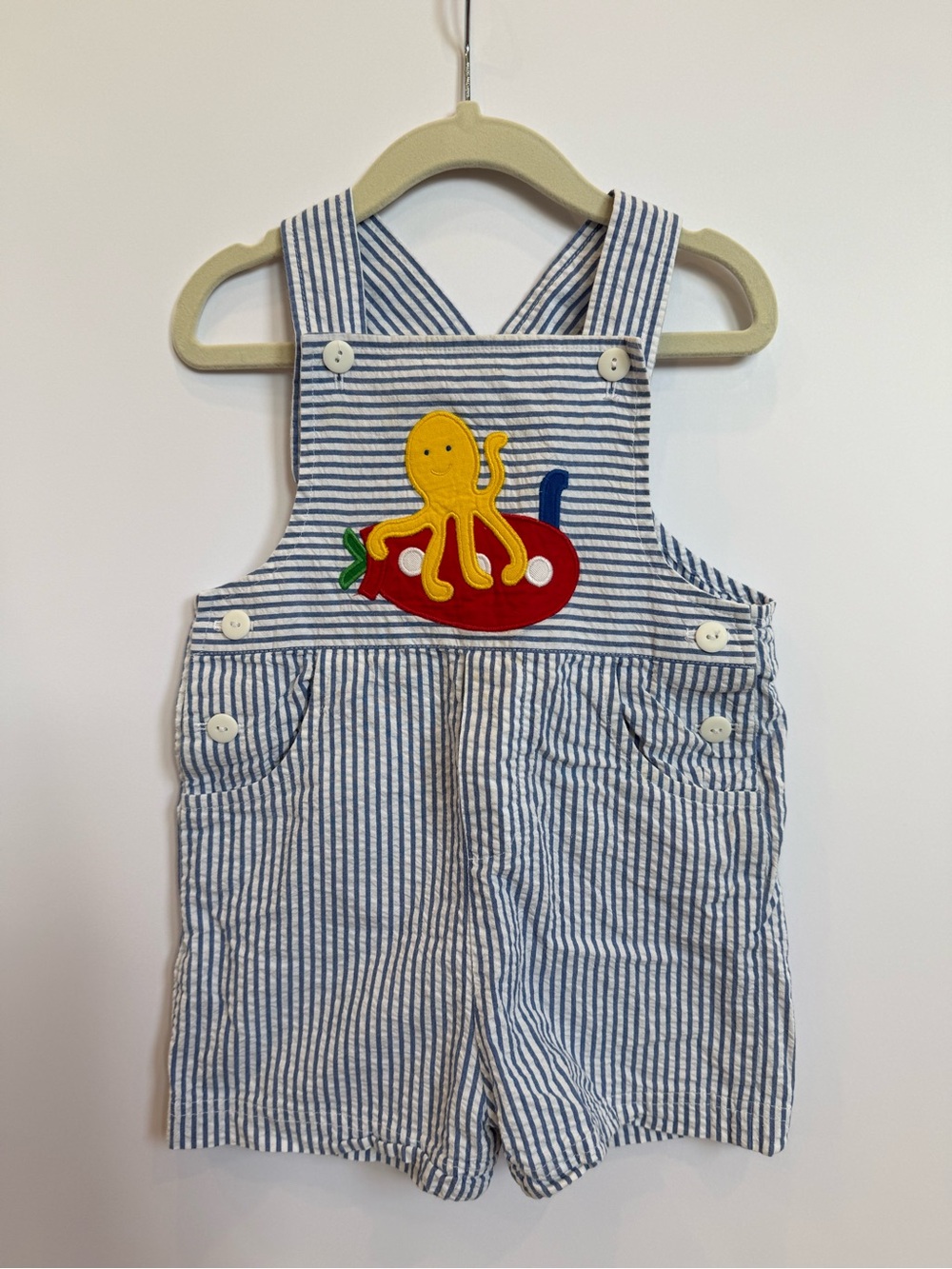 Florence Eiseman Blue and White Striped Shortalls with Yellow Octopus